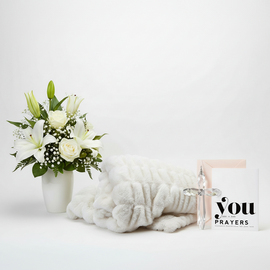 Sympathy Comfort Set featuring white floral arrangement, plush throw blanket, memorial cross, and sympathy card