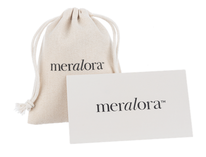 Meralora branded drawstring bag and card on a white background