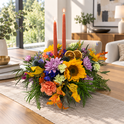 Fall candle centerpiece arrangement styled in a Cincinnati home, delivered by Flair Flower Bar in Northern Kentucky