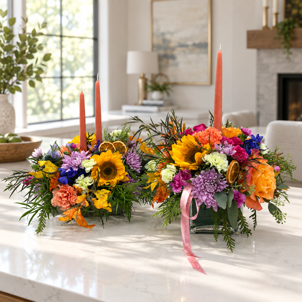 Fall candle centerpiece arrangement on a kitchen countertop, from Flair Flower Bar & Studio in Northern Kentucky