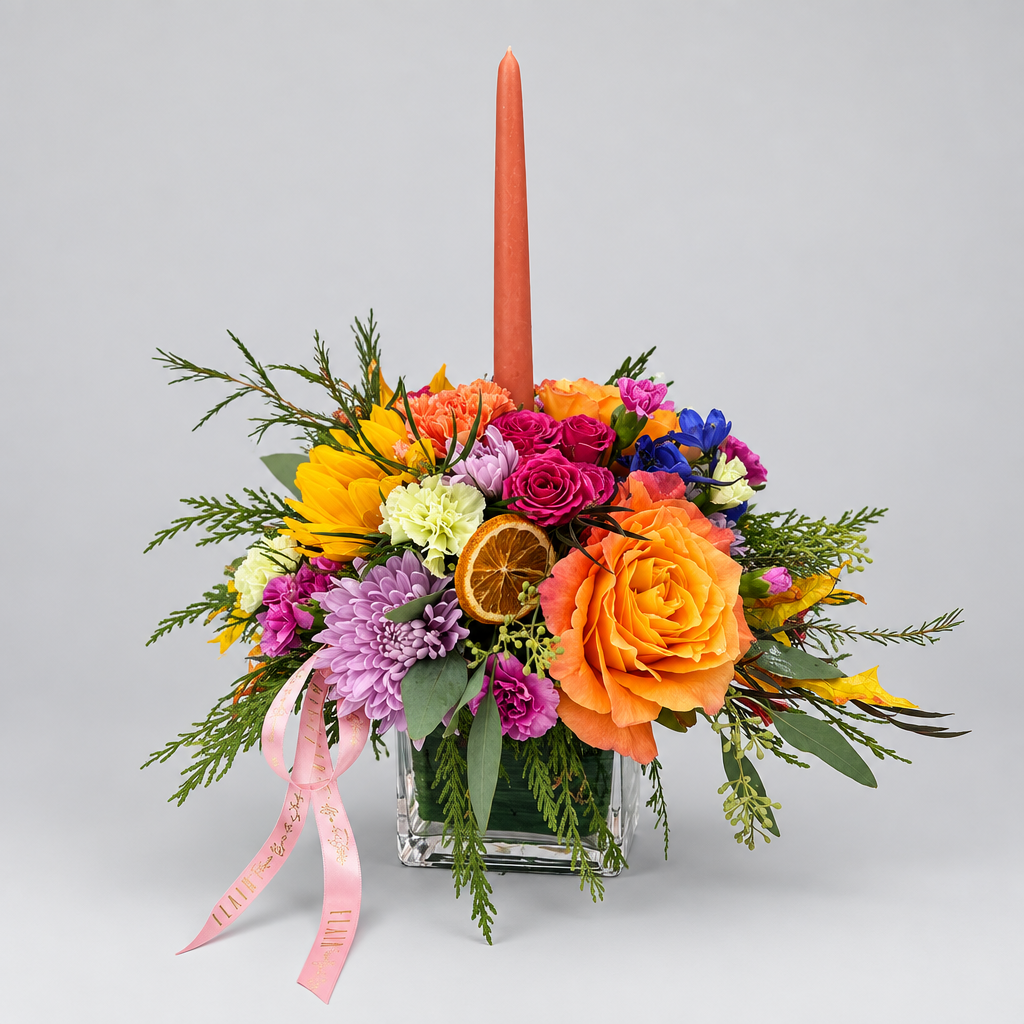 Spiced Harvest Bloom fall candle centerpiece arrangement, studio product shot by Flair Flower Bar