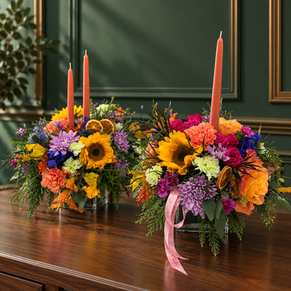 Fall candle centerpiece arrangement by Flair Flower Bar, Cincinnati & Northern Kentucky florist