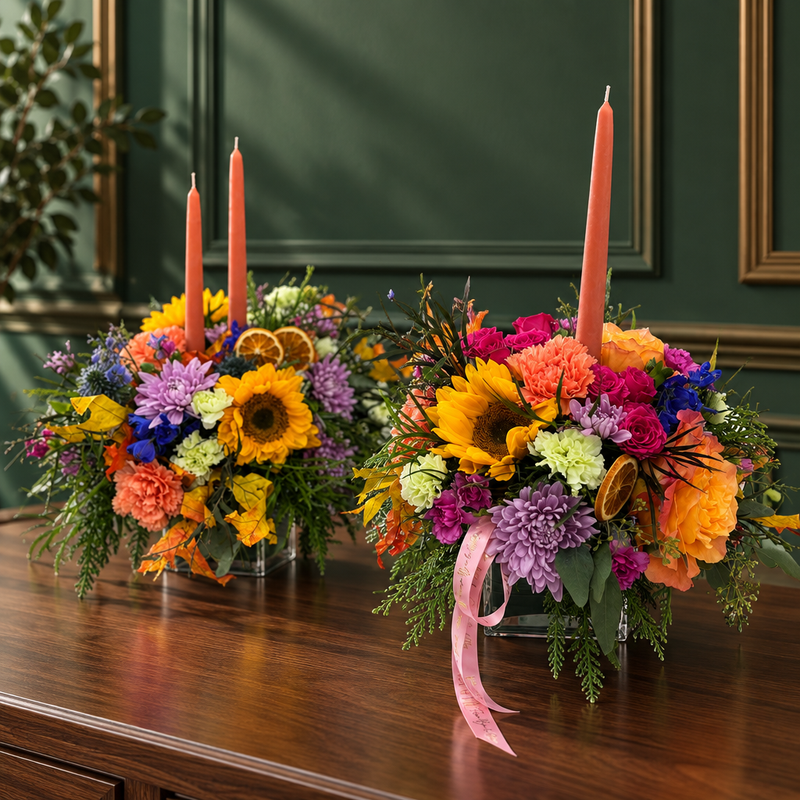 Spiced Harvest Bloom Candle Centerpiece, fall florals around a candle