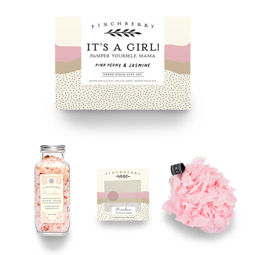 It's A Girl! Gift Box for Mothers. Pamper yourself, Mama. Pink Peony & Jasmine Scent, three piece gift set